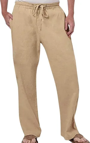 Stretch Cargo Pants Men Casual Cotton Linen Pants for Men Summer Elastic Waist Drawstring Yoga Beach Pants Loose Fit Running Trousers Skinny Chino