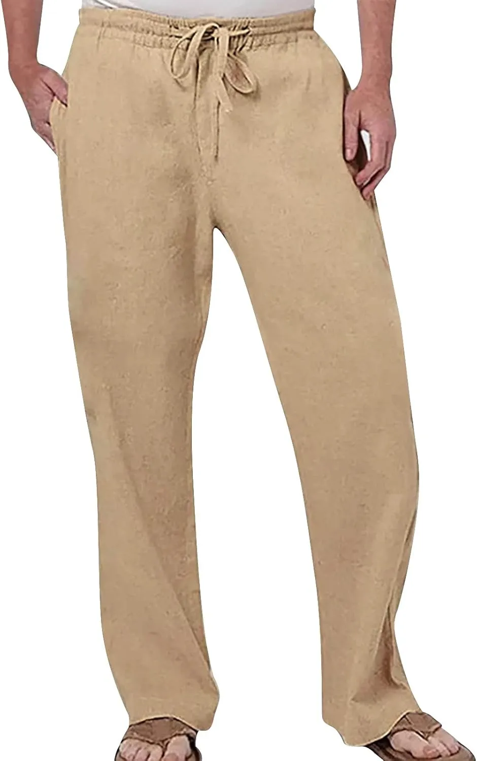 Stretch Cargo Pants Men Casual Cotton Linen Pants for Men Summer Elastic Waist Drawstring Yoga Beach Pants Loose Fit Running Trousers Skinny Chino