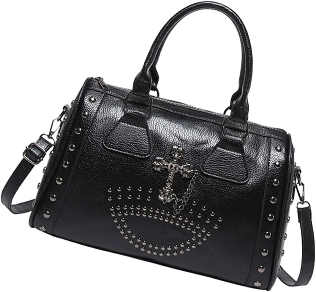 Studded HandbagPunk Styles Skull Handbag Large Capacity Studded Doctor Bag with Adjustable Strap Large Capacity Shoulder Bag for Women