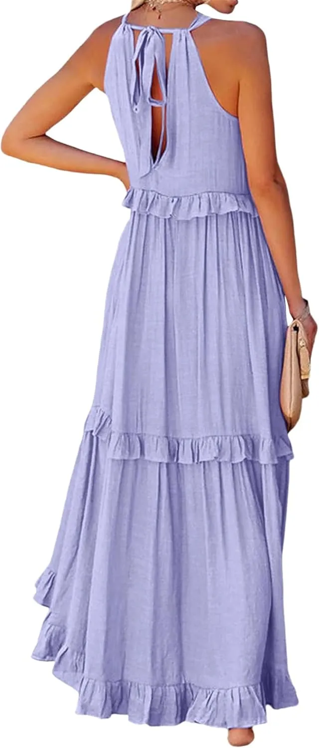 Summer Beach Dresses for Women 2024 Halter Tie Back Maxi Dress Long Tiered Ruffle Dress Sleeveless Flowy Boho Sundress