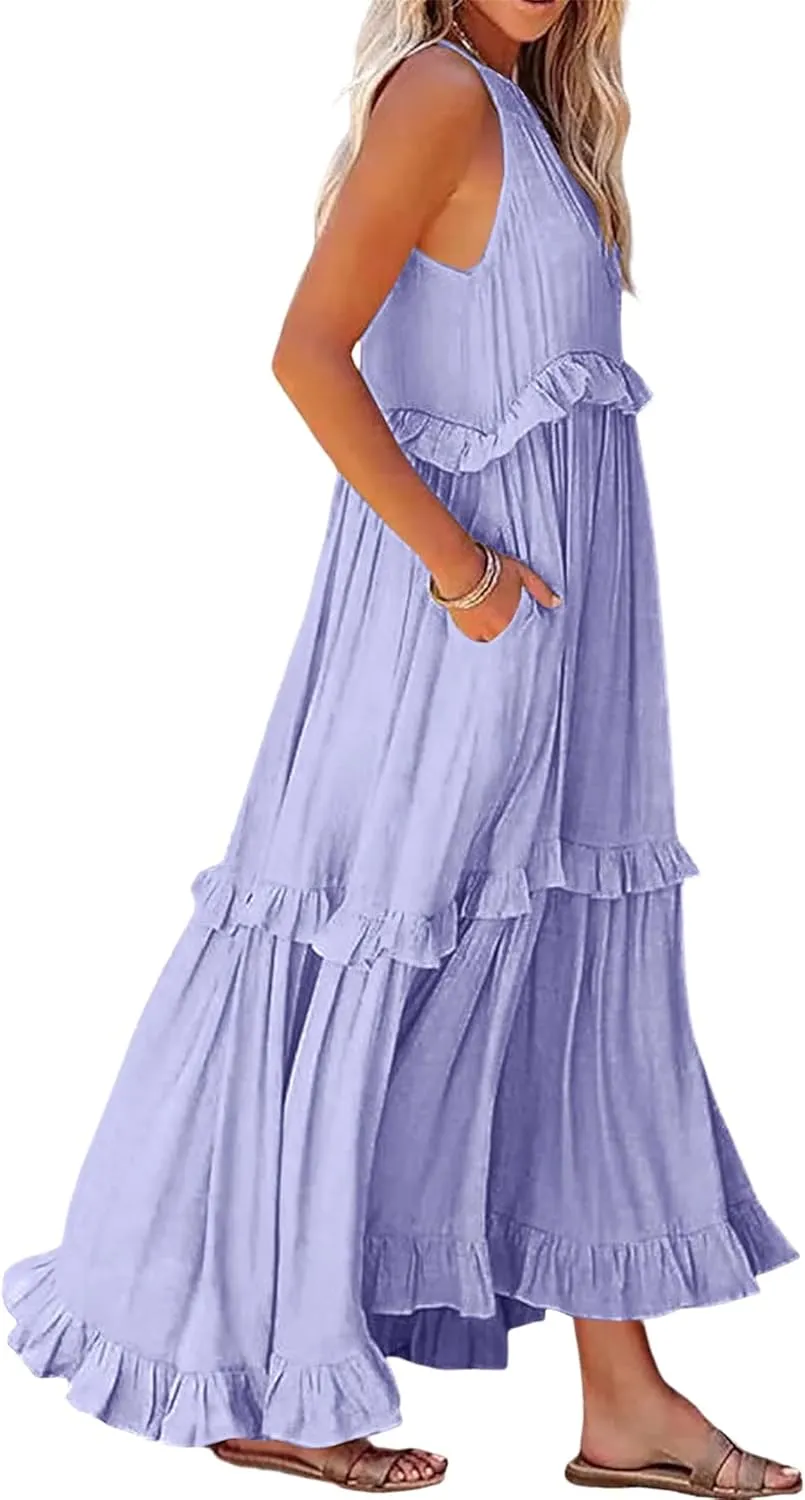 Summer Beach Dresses for Women 2024 Halter Tie Back Maxi Dress Long Tiered Ruffle Dress Sleeveless Flowy Boho Sundress