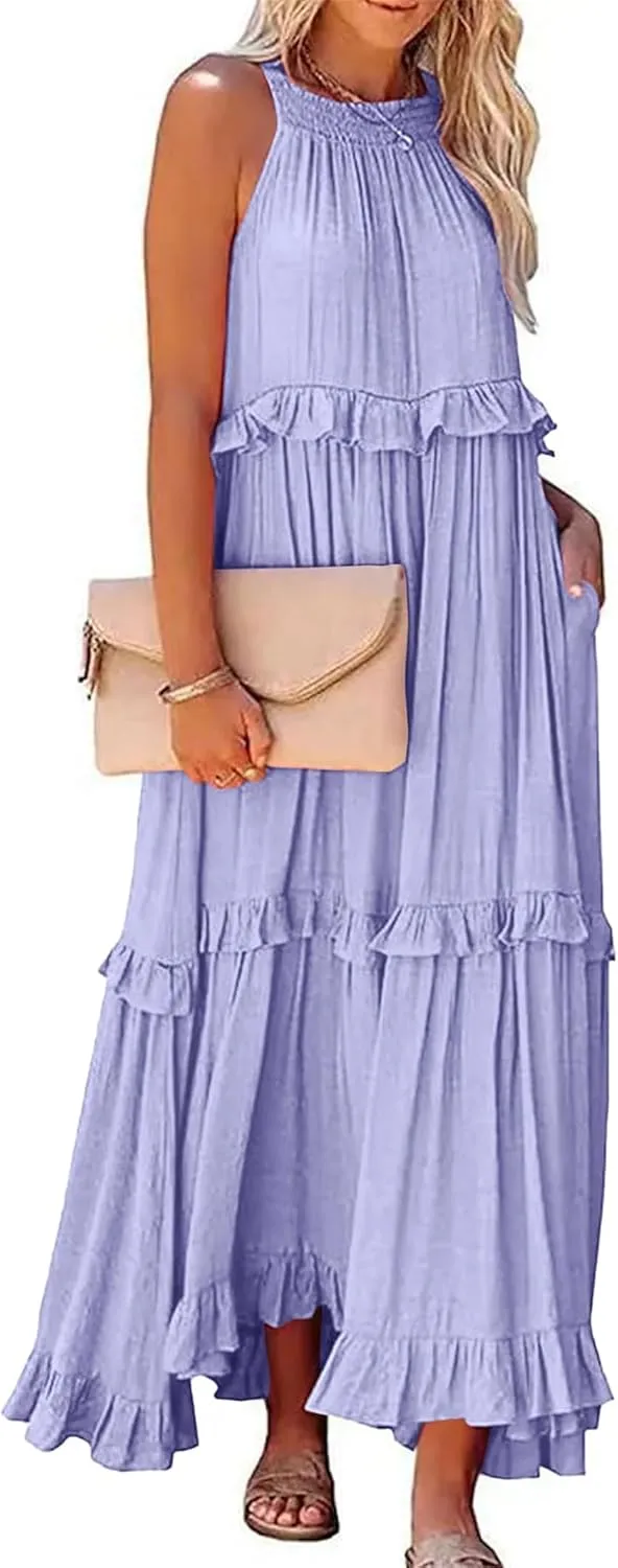 Summer Beach Dresses for Women 2024 Halter Tie Back Maxi Dress Long Tiered Ruffle Dress Sleeveless Flowy Boho Sundress