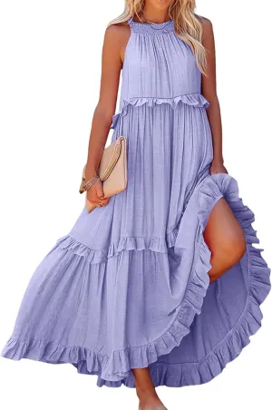 Summer Beach Dresses for Women 2024 Halter Tie Back Maxi Dress Long Tiered Ruffle Dress Sleeveless Flowy Boho Sundress