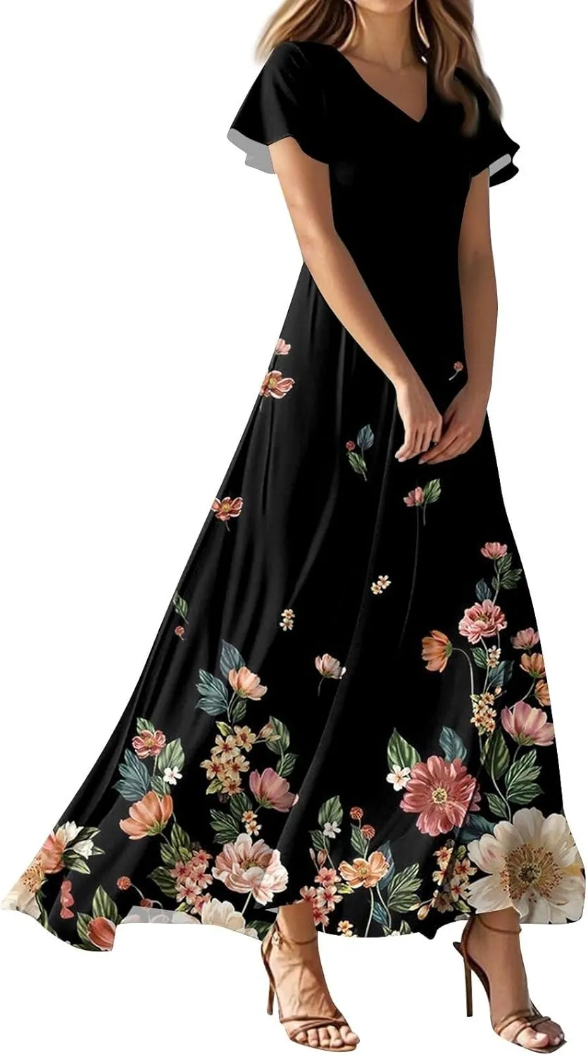 Summer Dress for Women 2025 Elegant Classy Swing Flowy V Neck Boho Sun Dresses Trendy Casual Vacation Long Sundresses