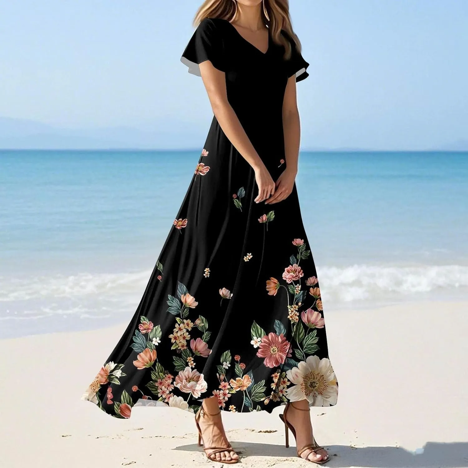 Summer Dress for Women 2025 Elegant Classy Swing Flowy V Neck Boho Sun Dresses Trendy Casual Vacation Long Sundresses