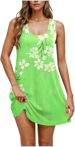 Summer Dresses for Women 2025 Boho Floral Sleeveless Midi Dress Pleated Flowy Dress Casual Loose Beach Outfits