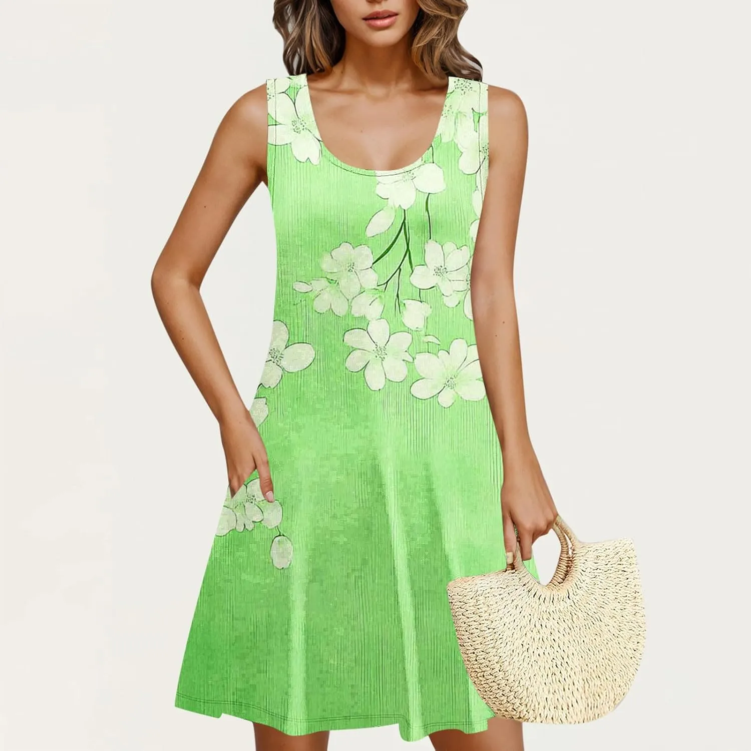 Summer Dresses for Women 2025 Boho Floral Sleeveless Midi Dress Pleated Flowy Dress Casual Loose Beach Outfits