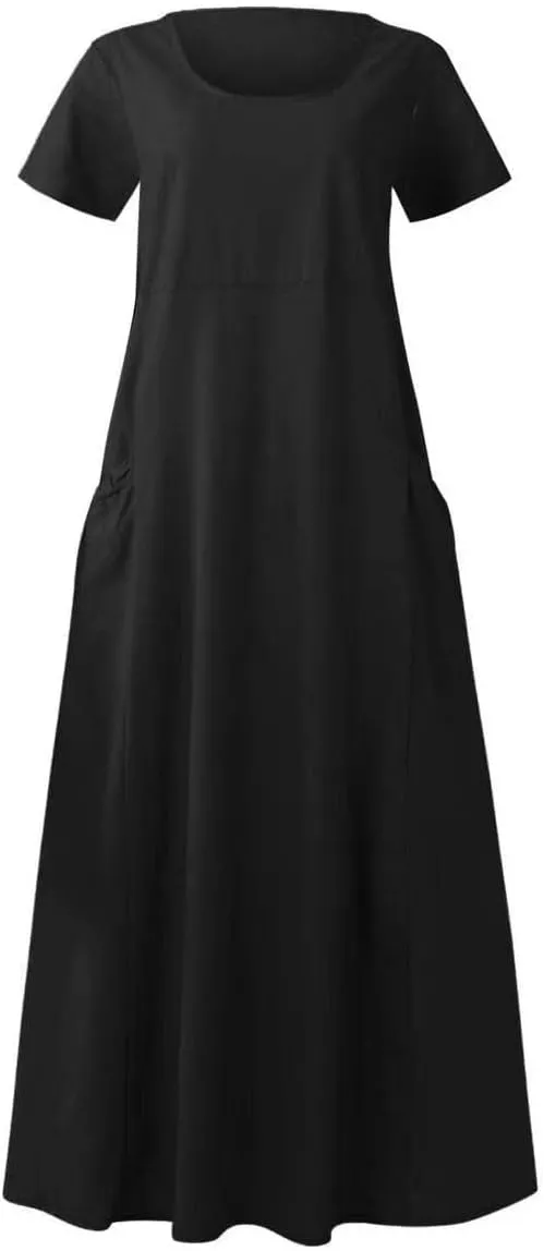 Summer Dresses for Women 2025 Plus Size Short Sleeve Cotton Linen Dress Causal Scoop Neck Ruffle Flowy Beach Sundress