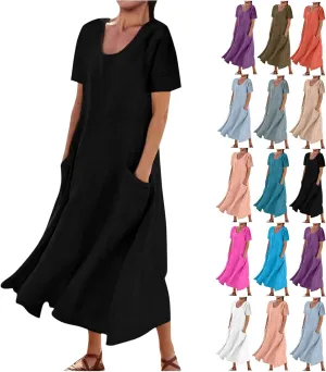 Summer Dresses for Women 2025 Plus Size Short Sleeve Cotton Linen Dress Causal Scoop Neck Ruffle Flowy Beach Sundress