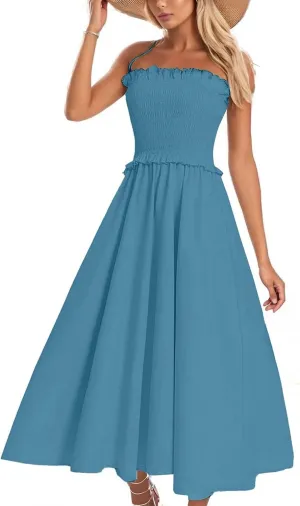 Summer Dresses for Women 2025 Trendy Strapless Beach Sundresses Smocked Waist Maxi A-Line Wedding Guest Tube Dress