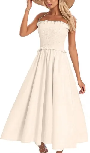 Summer Dresses for Women 2025 Trendy Strapless Beach Sundresses Smocked Waist Maxi A-Line Wedding Guest Tube Dress