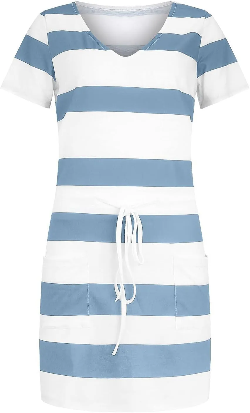 Summer Dresses for Women 2025 V Neck Short Sleeve Mini Dress Casual Beach Vacation Striped Sundress with Pockets