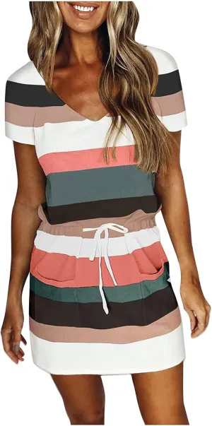 Summer Dresses for Women 2025 V Neck Short Sleeve Mini Dress Casual Beach Vacation Striped Sundress with Pockets