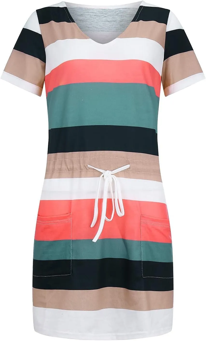 Summer Dresses for Women 2025 V Neck Short Sleeve Mini Dress Casual Beach Vacation Striped Sundress with Pockets