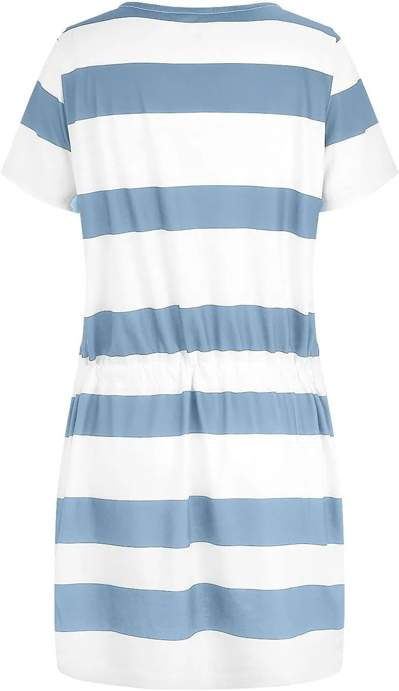 Summer Dresses for Women 2025 V Neck Short Sleeve Mini Dress Casual Beach Vacation Striped Sundress with Pockets