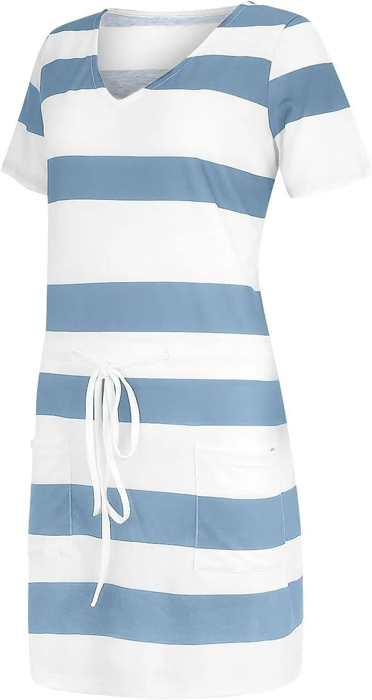 Summer Dresses for Women 2025 V Neck Short Sleeve Mini Dress Casual Beach Vacation Striped Sundress with Pockets
