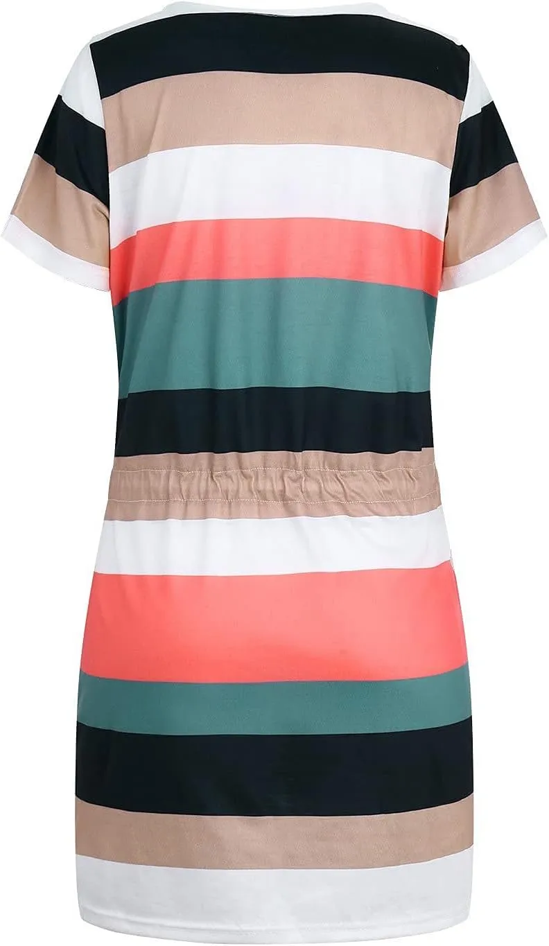 Summer Dresses for Women 2025 V Neck Short Sleeve Mini Dress Casual Beach Vacation Striped Sundress with Pockets