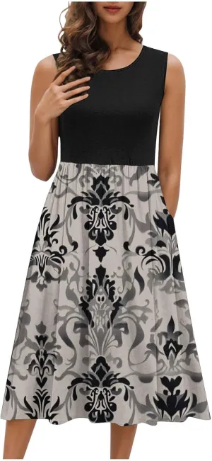 Summer Dresses for Women Casual A-Line Flowy Sleeveless Midi Dress Vintage Floral Print Pleated Beach Sundress 2025