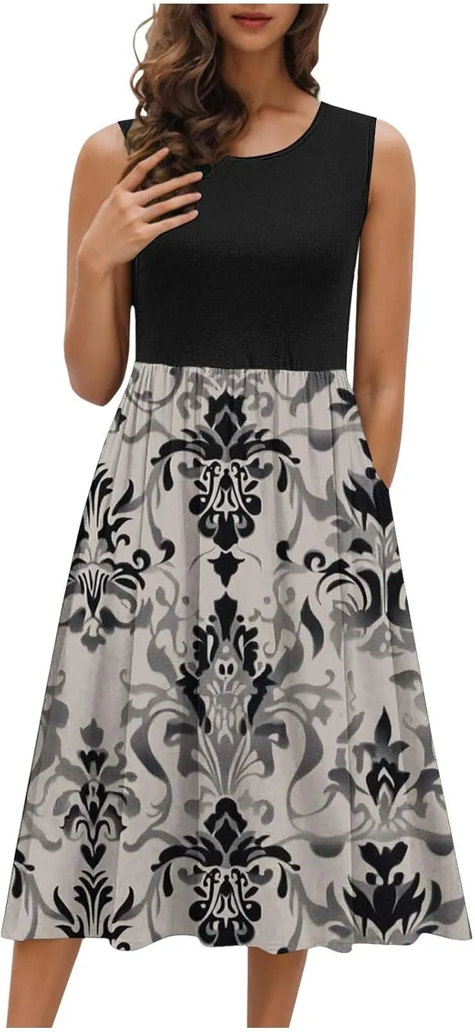 Summer Dresses for Women Casual A-Line Flowy Sleeveless Midi Dress Vintage Floral Print Pleated Beach Sundress 2025