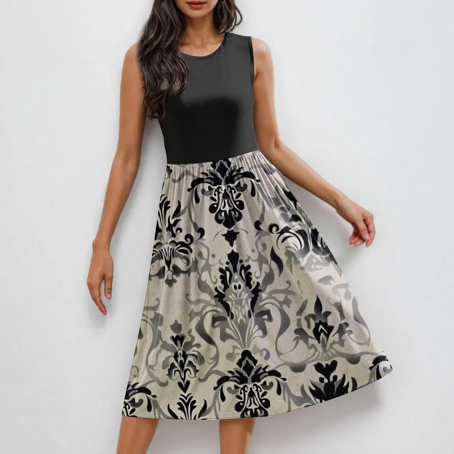 Summer Dresses for Women Casual A-Line Flowy Sleeveless Midi Dress Vintage Floral Print Pleated Beach Sundress 2025