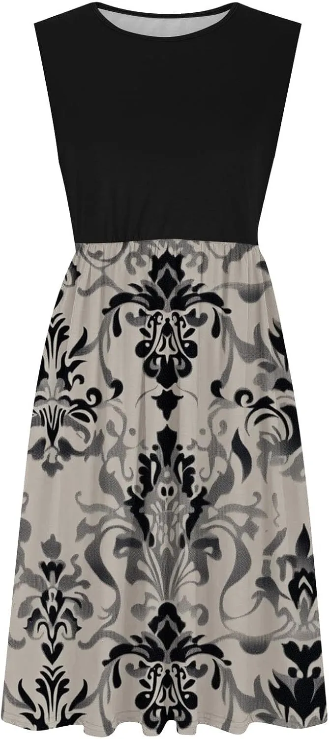 Summer Dresses for Women Casual A-Line Flowy Sleeveless Midi Dress Vintage Floral Print Pleated Beach Sundress 2025