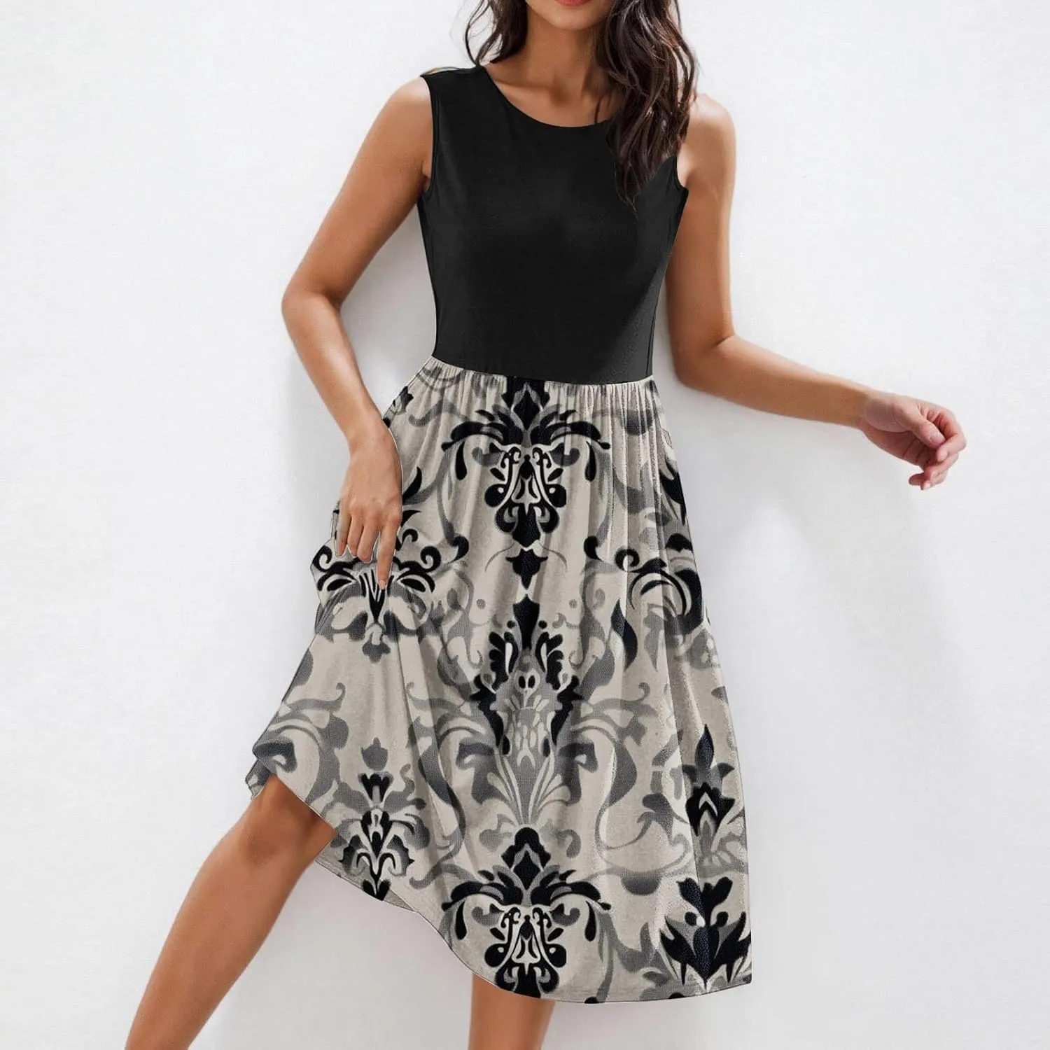 Summer Dresses for Women Casual A-Line Flowy Sleeveless Midi Dress Vintage Floral Print Pleated Beach Sundress 2025