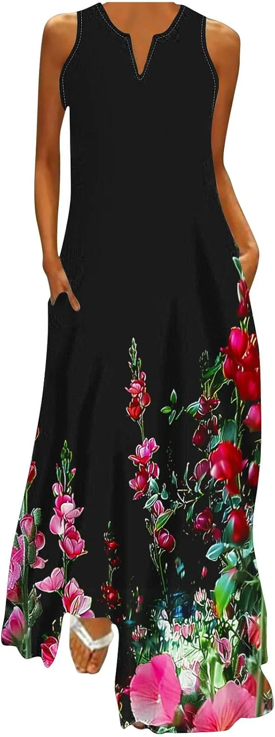 Summer Maxi Dresses for Women 2024 Casual Sleeveless V Neck Printed Sun Dress Trendy Summer Bohemian Vacation Outfits
