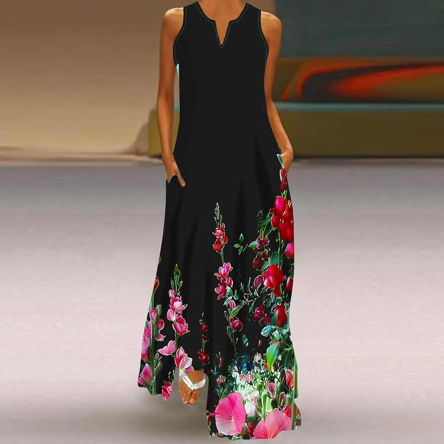 Summer Maxi Dresses for Women 2024 Casual Sleeveless V Neck Printed Sun Dress Trendy Summer Bohemian Vacation Outfits