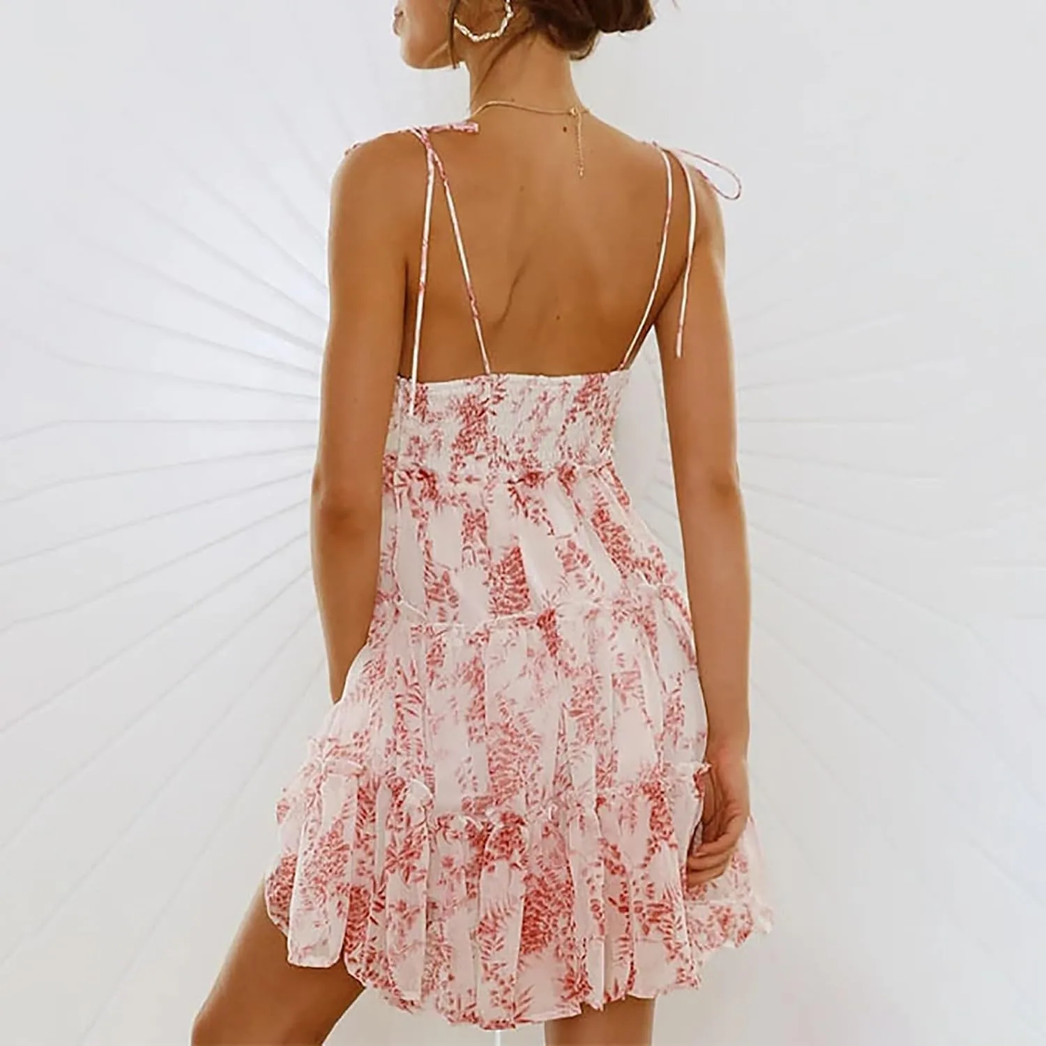 Sun Dresses for Women 2025 Vacation Spaghetti Strap Backless Tiered Floral Mini Dress Tropical Summer Short Sundress