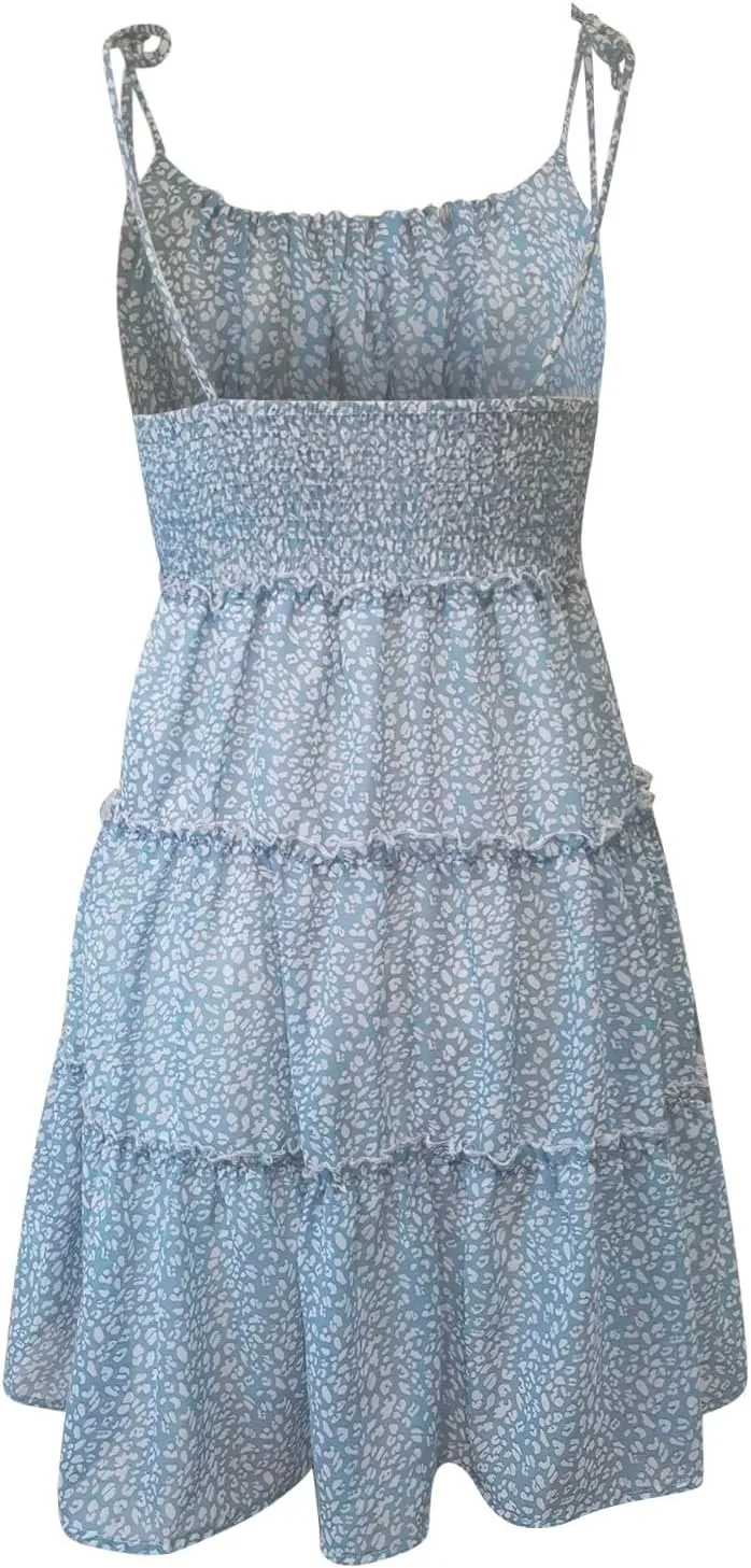 Sun Dresses for Women 2025 Vacation Spaghetti Strap Backless Tiered Floral Mini Dress Tropical Summer Short Sundress