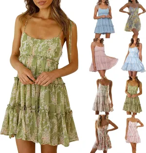 Sun Dresses for Women 2025 Vacation Spaghetti Strap Backless Tiered Floral Mini Dress Tropical Summer Short Sundress