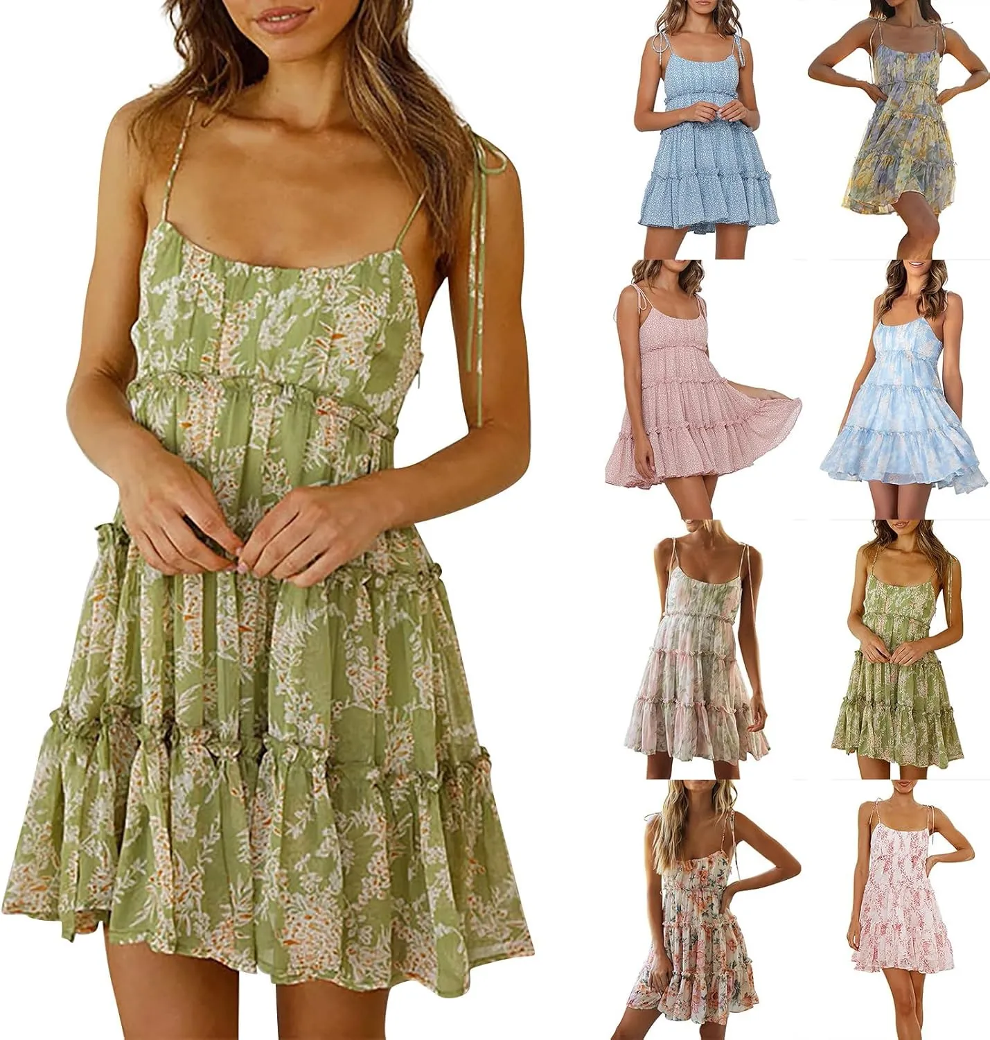 Sun Dresses for Women 2025 Vacation Spaghetti Strap Backless Tiered Floral Mini Dress Tropical Summer Short Sundress