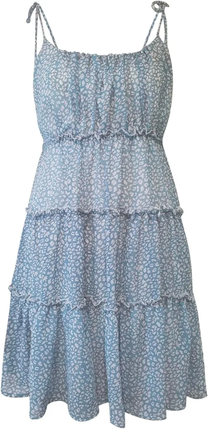 Sun Dresses for Women 2025 Vacation Spaghetti Strap Backless Tiered Floral Mini Dress Tropical Summer Short Sundress