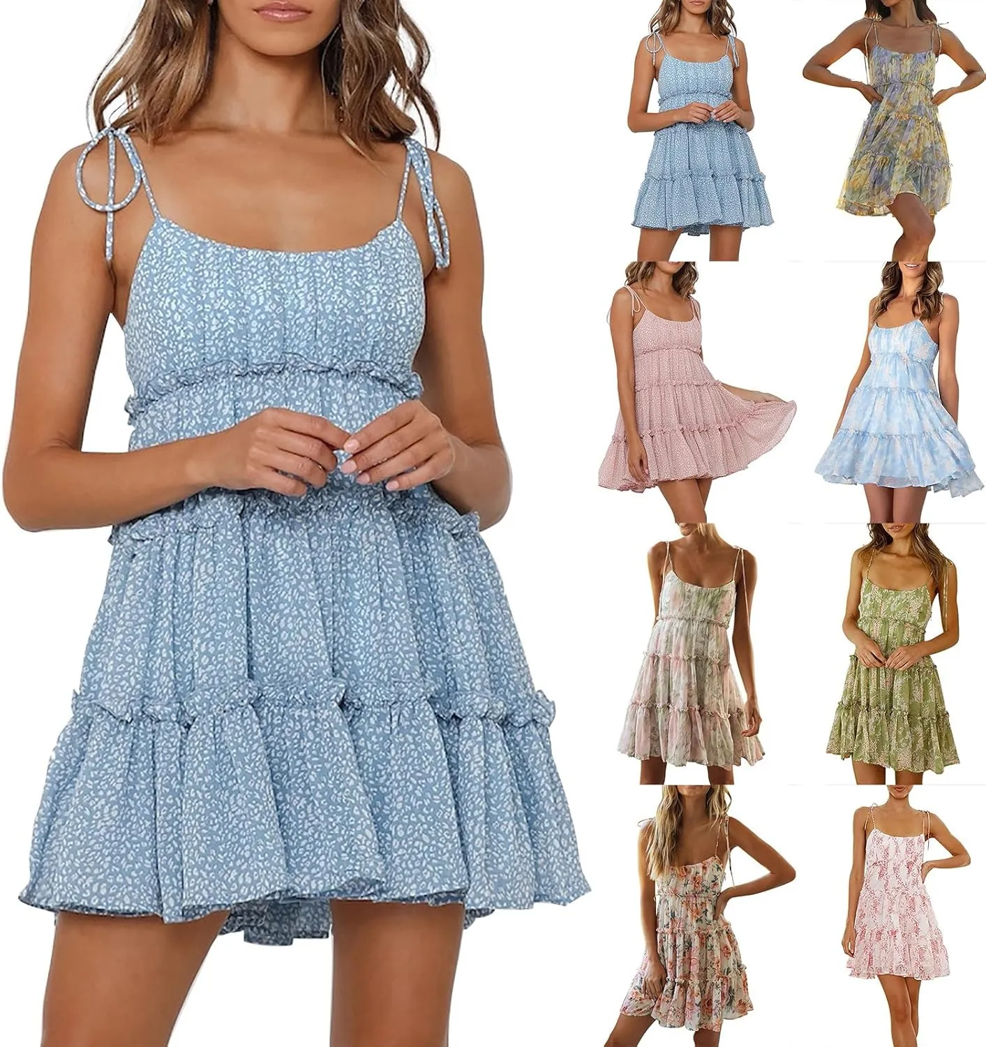 Sun Dresses for Women 2025 Vacation Spaghetti Strap Backless Tiered Floral Mini Dress Tropical Summer Short Sundress