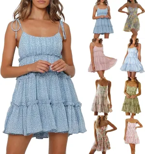 Sun Dresses for Women 2025 Vacation Spaghetti Strap Backless Tiered Floral Mini Dress Tropical Summer Short Sundress