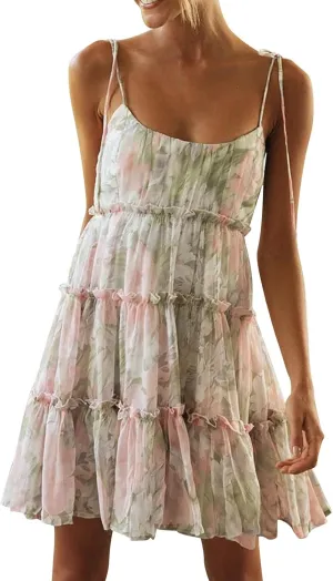 Sun Dresses for Women 2025 Vacation Spaghetti Strap Backless Tiered Floral Mini Dress Tropical Summer Short Sundress