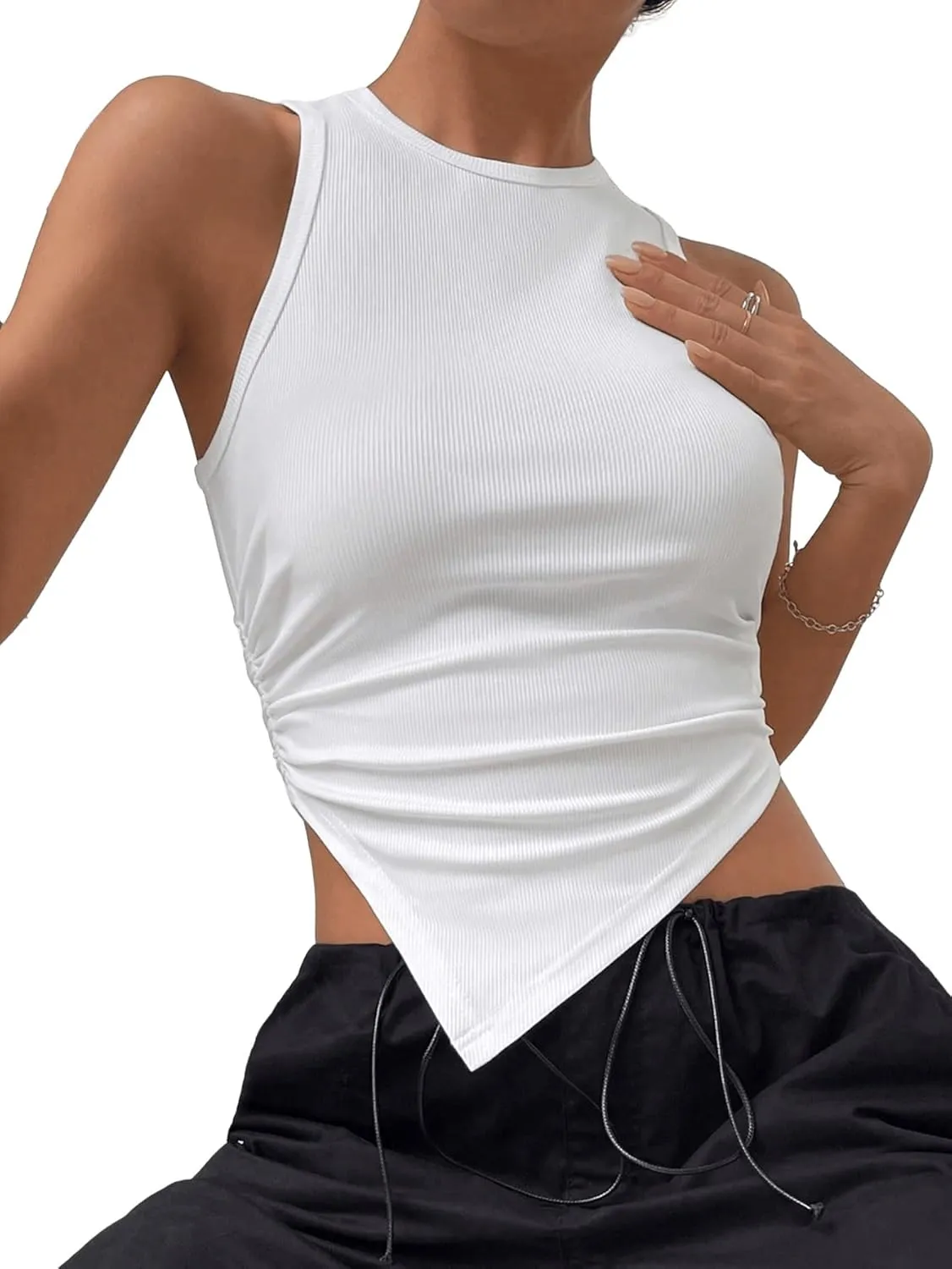 SweatyRocks Women's Basic Sleeveless Vest Crew Neck Y2K Asymmetrical Crop Tank Top