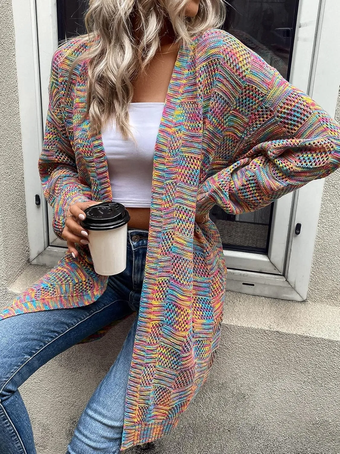 SweatyRocks Women's Color Block Long Sleeve Open Front Cardigan Sweater Knit Crop Top