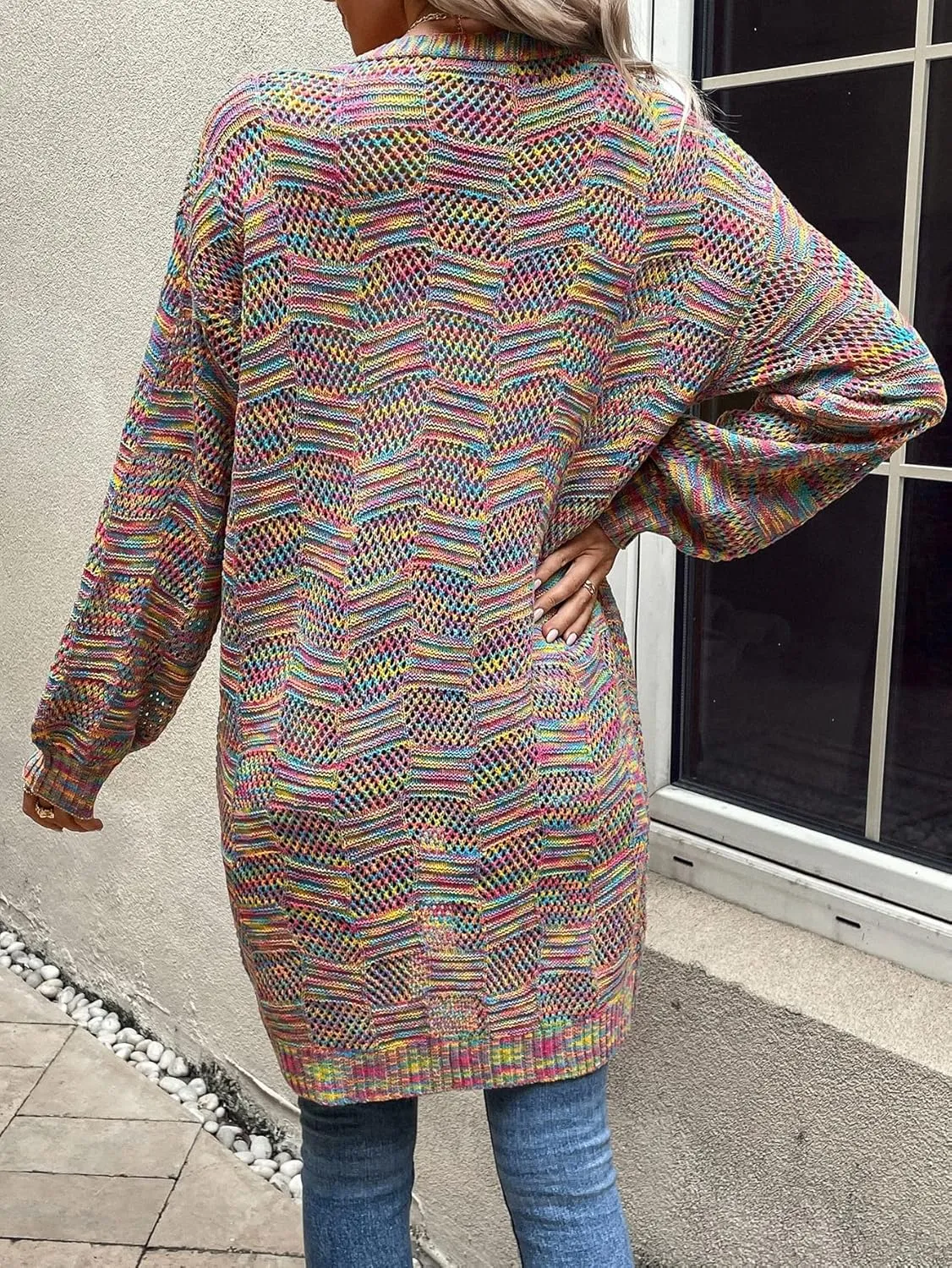 SweatyRocks Women's Color Block Long Sleeve Open Front Cardigan Sweater Knit Crop Top