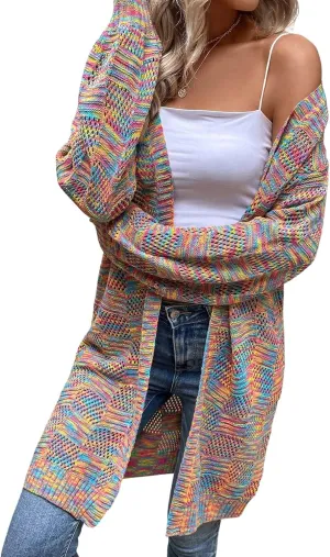 SweatyRocks Women's Color Block Long Sleeve Open Front Cardigan Sweater Knit Crop Top