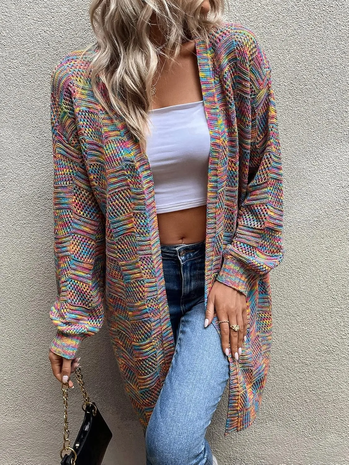 SweatyRocks Women's Color Block Long Sleeve Open Front Cardigan Sweater Knit Crop Top