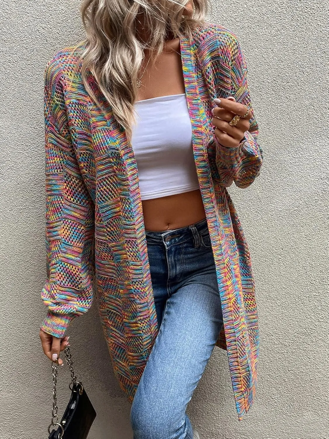 SweatyRocks Women's Color Block Long Sleeve Open Front Cardigan Sweater Knit Crop Top