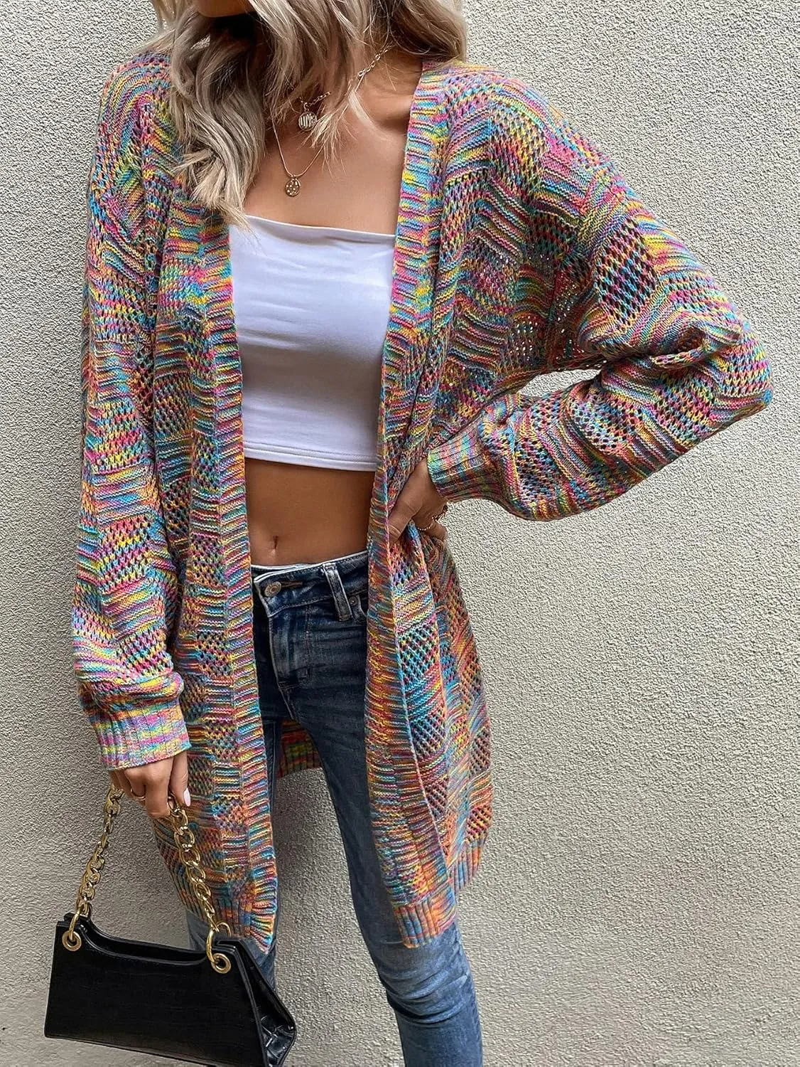 SweatyRocks Women's Color Block Long Sleeve Open Front Cardigan Sweater Knit Crop Top