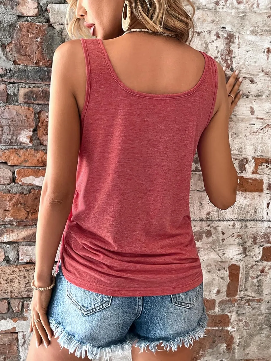 SweatyRocks Women's Scoop Neck Half Button Tank Top Casual Sleeveless Drawstring Tie Side Tops