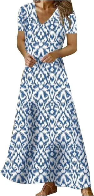 TANGNADE Women Boho Long Dress Graphic Short Sleeve V Neck Flowy Swing Maxi Dress Fashion Trendy A Line Beach Sundress