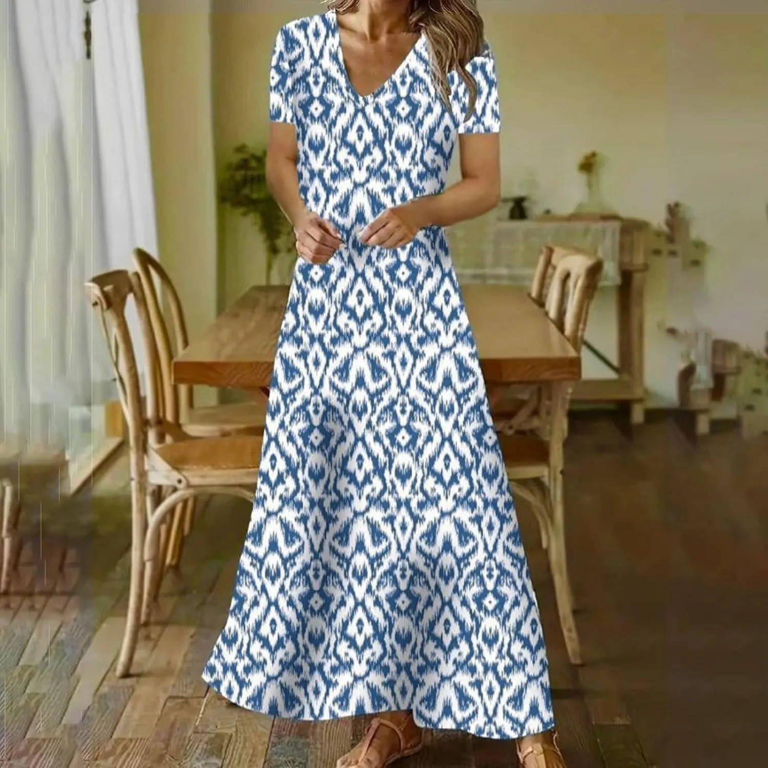 TANGNADE Women Boho Long Dress Graphic Short Sleeve V Neck Flowy Swing Maxi Dress Fashion Trendy A Line Beach Sundress