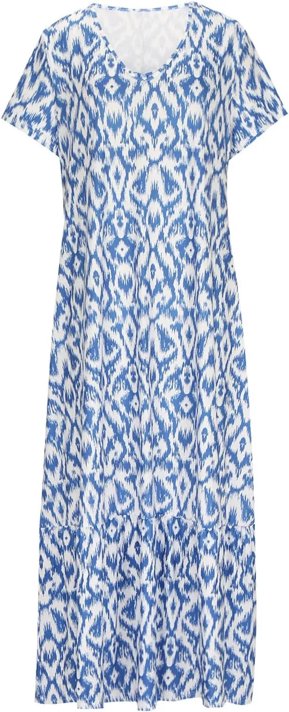 TANGNADE Women Boho Long Dress Graphic Short Sleeve V Neck Flowy Swing Maxi Dress Fashion Trendy A Line Beach Sundress
