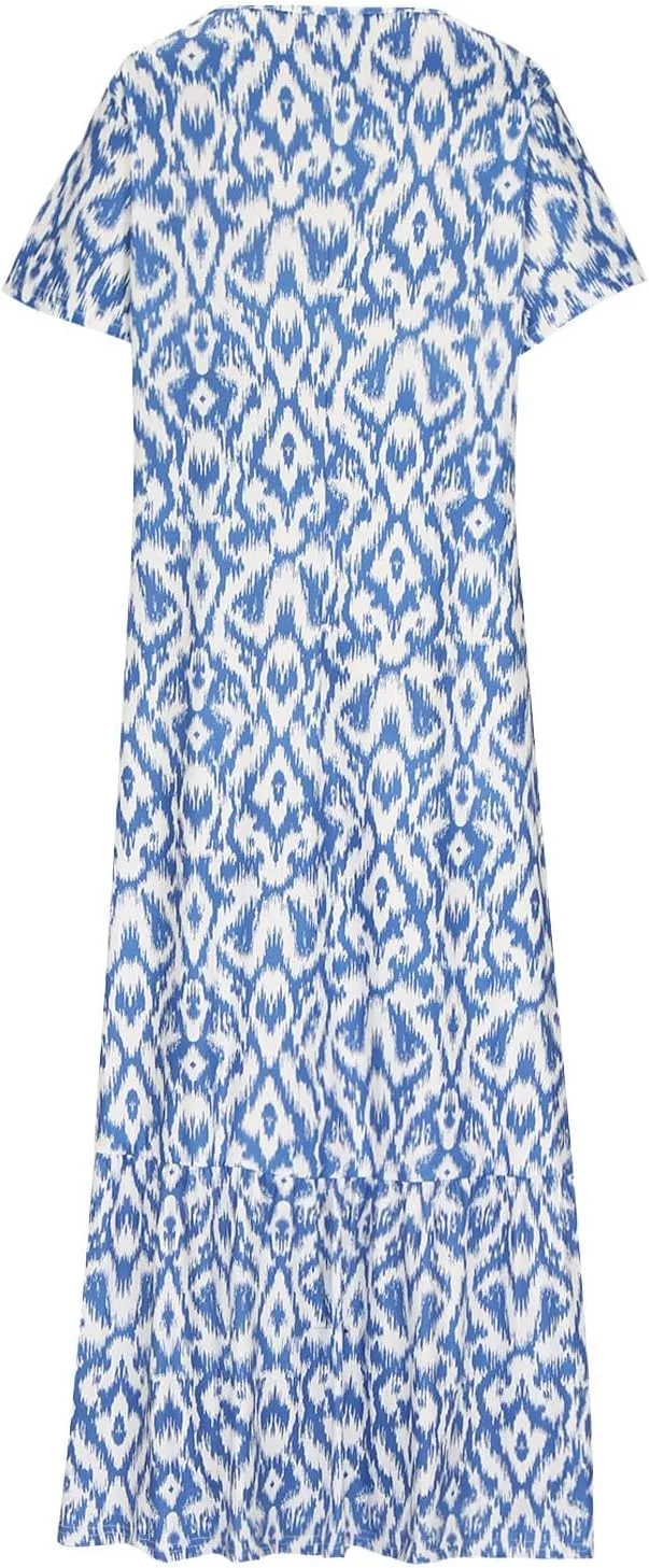 TANGNADE Women Boho Long Dress Graphic Short Sleeve V Neck Flowy Swing Maxi Dress Fashion Trendy A Line Beach Sundress