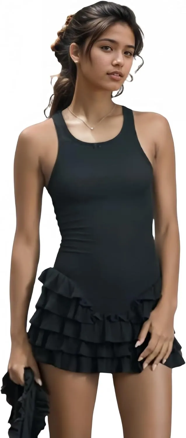 Tank Ruffle Mini Dress Basque Waist Summer Y2k Sleeveless Bodycon Sexy Sundress Boat Neck Flowy Vacation Outfits