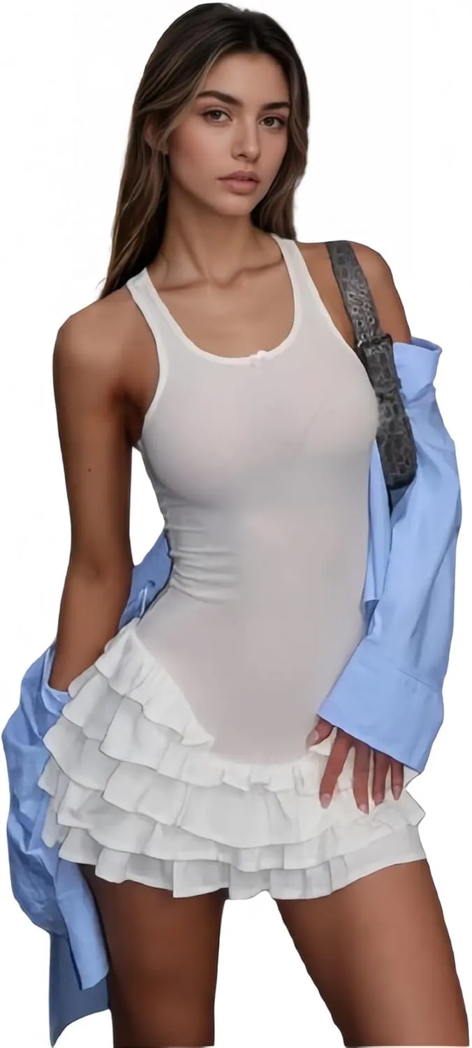 Tank Ruffle Mini Dress Basque Waist Summer Y2k Sleeveless Bodycon Sexy Sundress Boat Neck Flowy Vacation Outfits
